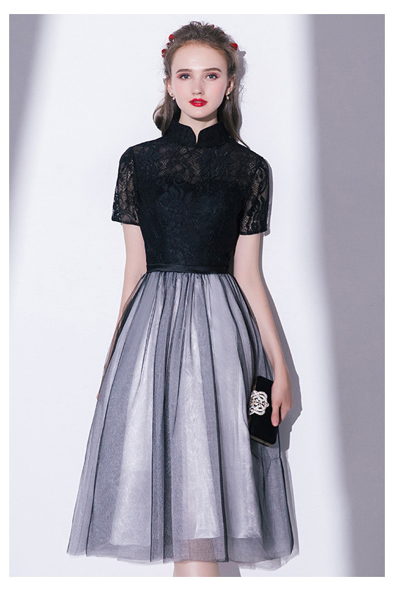 Special Knee Length Black Tulle Party Dress With Short Sleeves