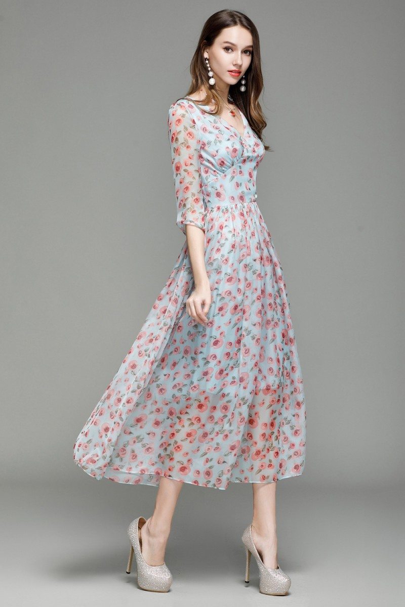 Vintage Floral Print Midi Dress With Sleeves - $61.1 #CK7153 - SheProm.com