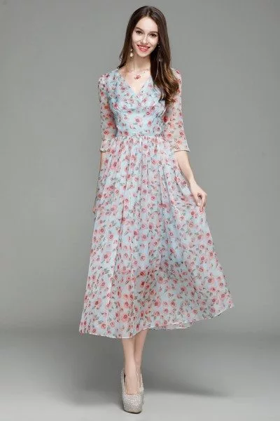 Vintage Floral Print Midi Dress With Sleeves - $65 #CK7153 - SheProm.com