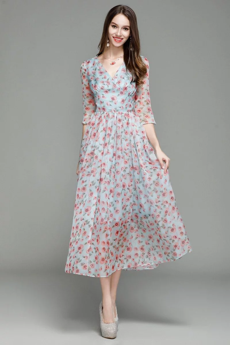 Vintage Floral Print Midi Dress With Sleeves - $61.1 #CK7153 - SheProm.com