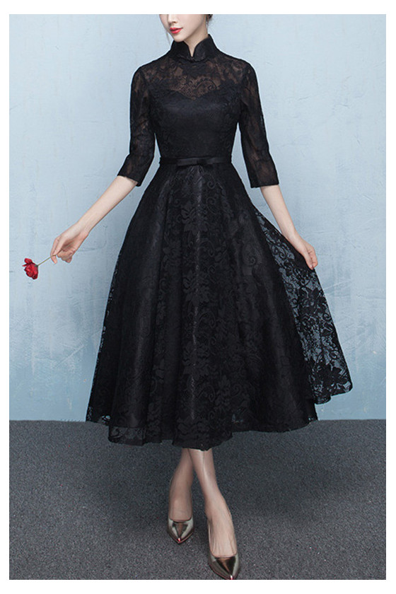 Modest Black Lace Tea Length Homecoming Dress With Sleeves