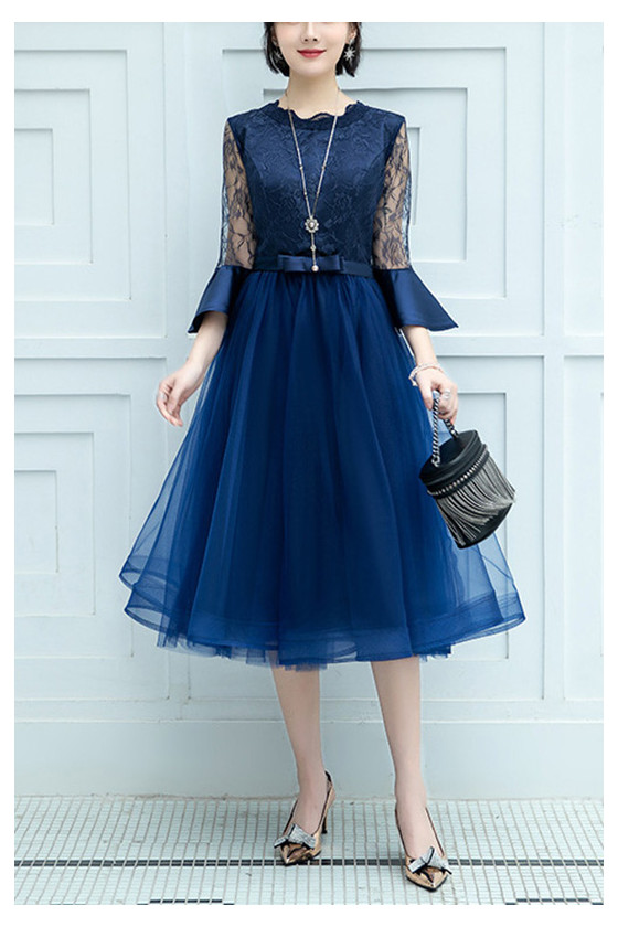 Blue Tulle Midi Semi Formal Dress With Flare Sleeves