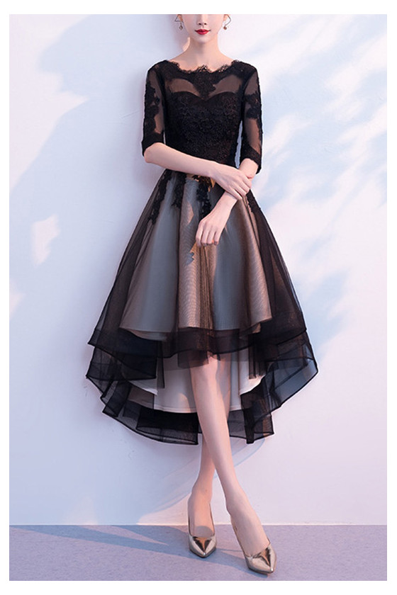 High Low Black Tulle Homecoming Dance Dress With Sheer Sleeves