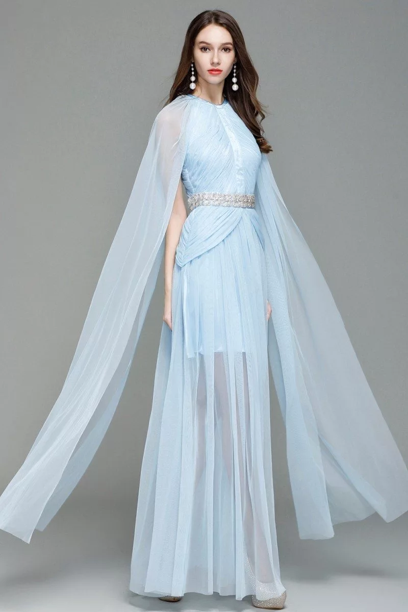 Celebrity Blue Cape Style Long Formal Dress - $116.56 #CK7151 - SheProm.com