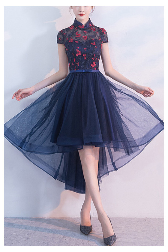 High Low Navy Blue Tulle With Butterflies Party Dress With Cap Sleeves