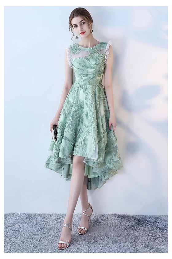green lace high low dress Green V-neck Long Sleeve Lace Backless High and Low Hem Evening Dress –  ModeShe main image 0