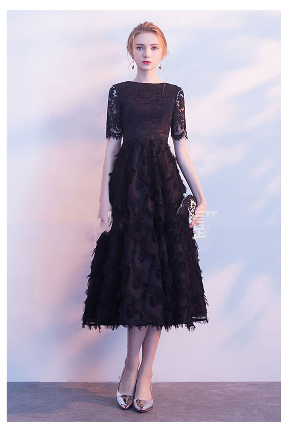 Short Sleeve Black Lace Tea Length Semi Formal Dress
