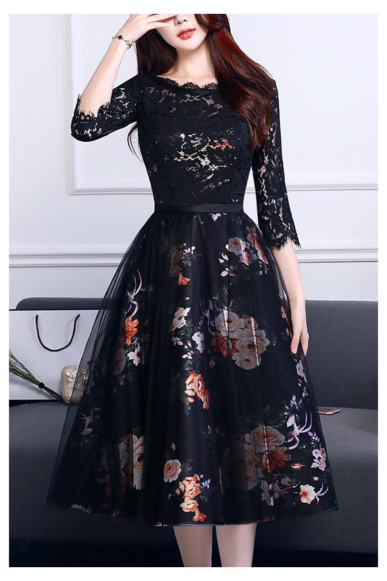 Black Floral Prints Semi Party Dress With Sleeves