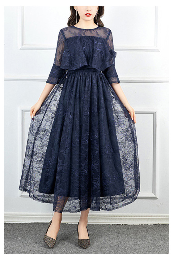 Navy Blue Lace Maxi Fall Wedding Party Dress