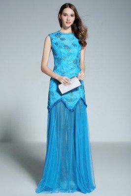 Blue High Neck Tulle Long Prom Dress