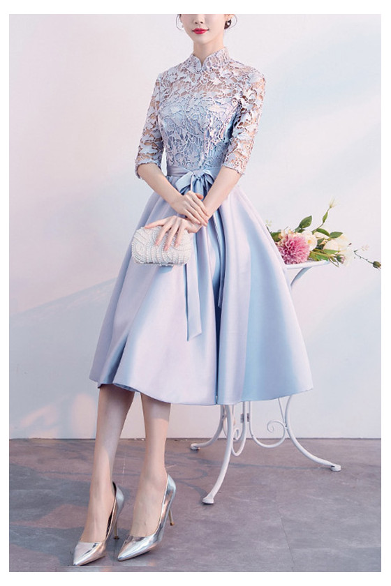 Elegant Blue Wedding Party Dress With Sheer Sleeves Sash - $65.4768 #S1479 