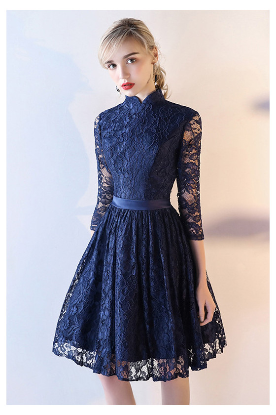 Navy Blue Lace Short Homecoming Dress With Collar 3/4 Sleeves