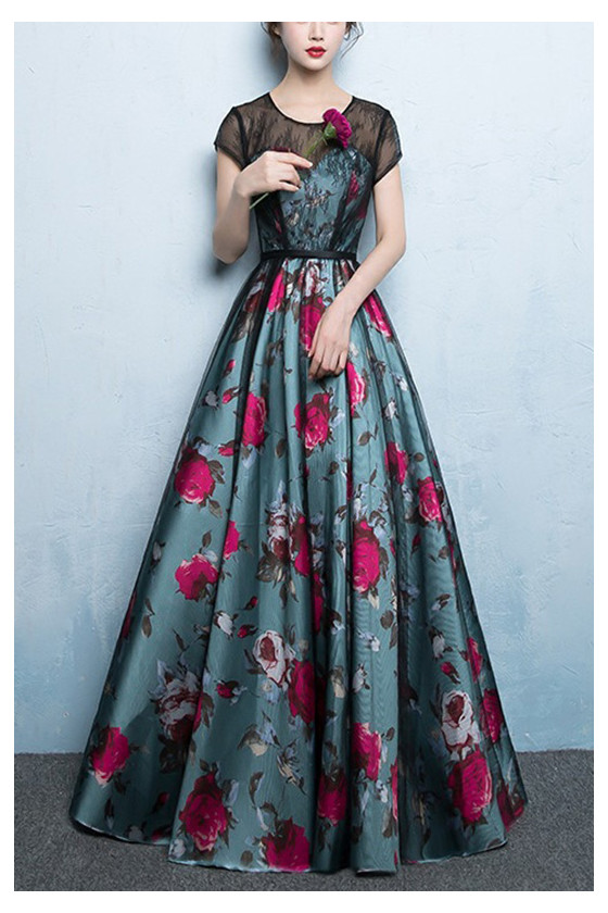 Floral Print Long Black Tulle Prom Dress With Cap Sleeves