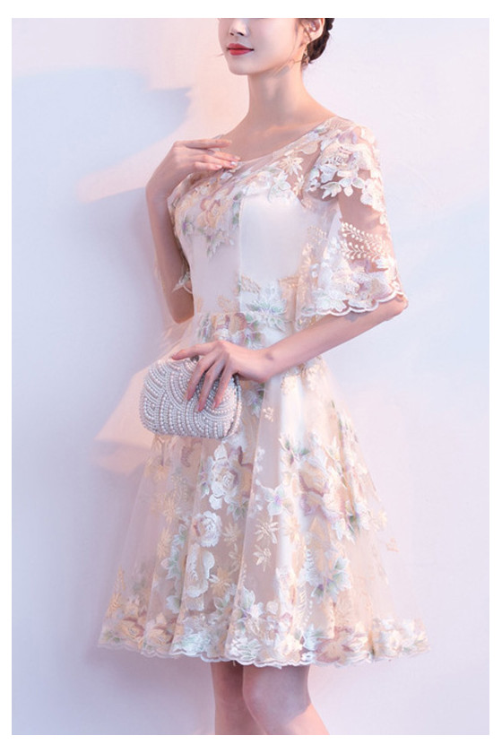Elegant Champagne Embroidery Wedding Party Dress Round Neck With Sleeves -  $62.4816 #S1485 - SheProm.com