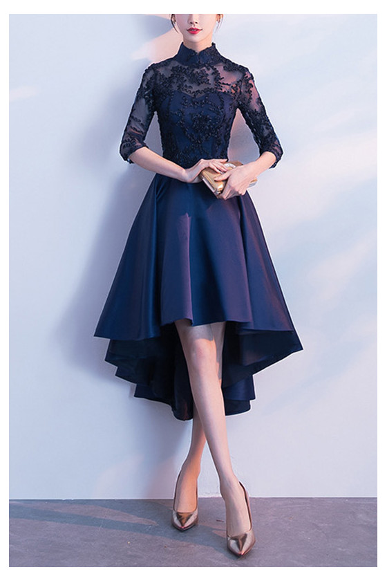 Navy Blue High Low Modest Party Dress With Collar Sheer Sleeves