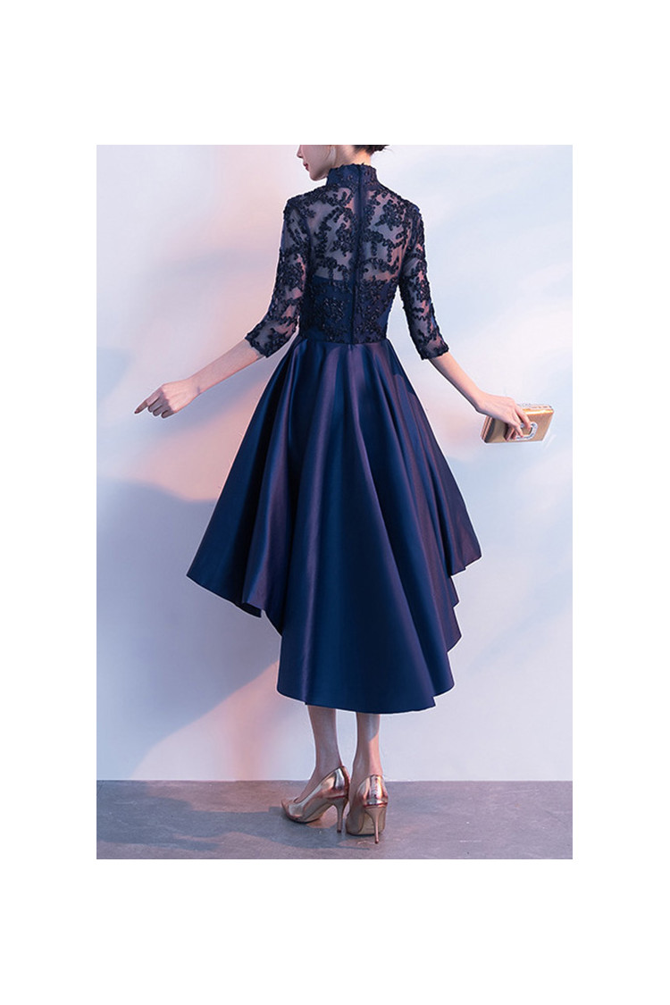 Navy Blue High Low Modest Party Dress With Collar Sheer Sleeves - $65. ...