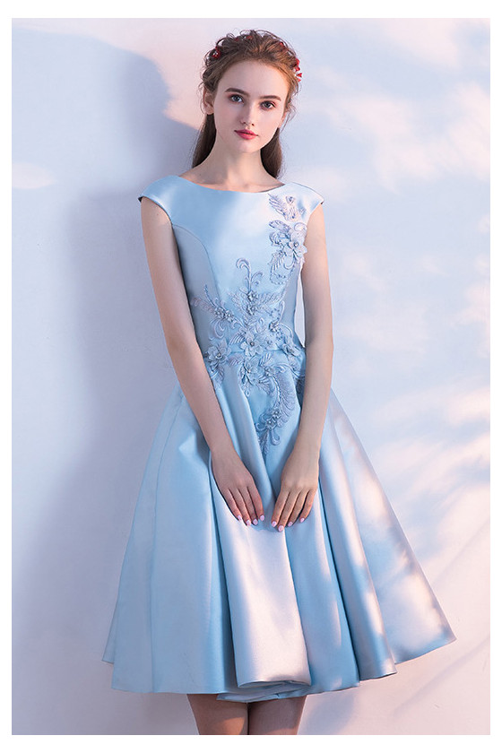Elegant Sky Blue Knee Length Homecoming Party Dress With Embroidery