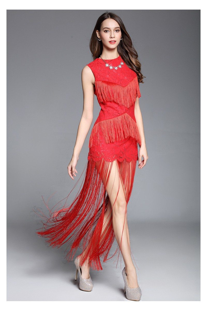 Fringe Lace Red Sleeveless Party Dress - $99 #CK617 - SheProm.com