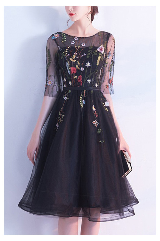 Colorful Flowers Black Tulle Homecoming Dress With Sleeves - $62.4816 #S1495 - SheProm.com Colorful Flowers Black Tulle Homecoming Dress With Sleeves - $62.4816 #S1495 - SheProm.com