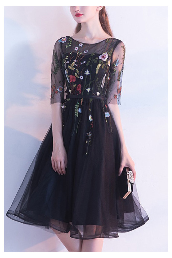 Colorful Flowers Black Tulle Homecoming Dress With Sleeves
