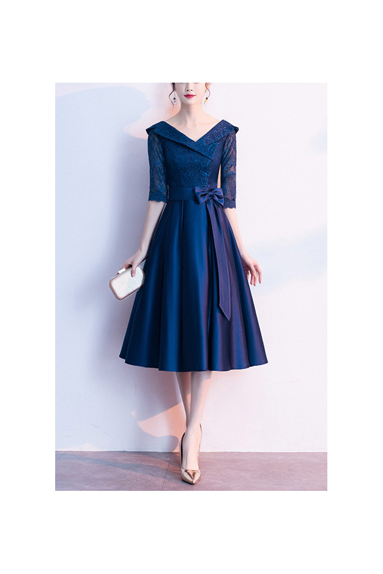 Navy Blue Tea Length Wedding Party Dress Modest With Sleeves - $62.4816 ...