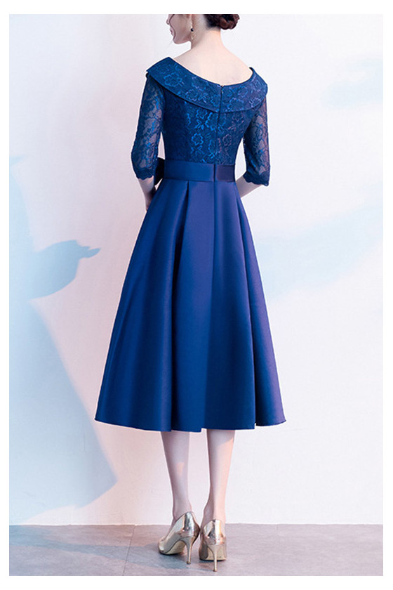 Navy Blue Tea Length Wedding Party Dress Modest With Sleeves 62.4816