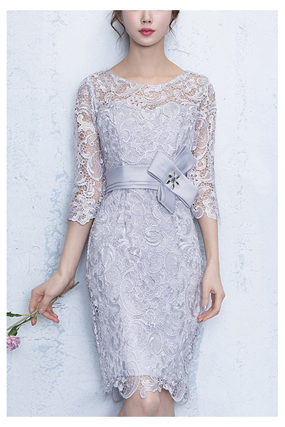 Elegant Grey Lace Sheath Party Dress With Sleeves