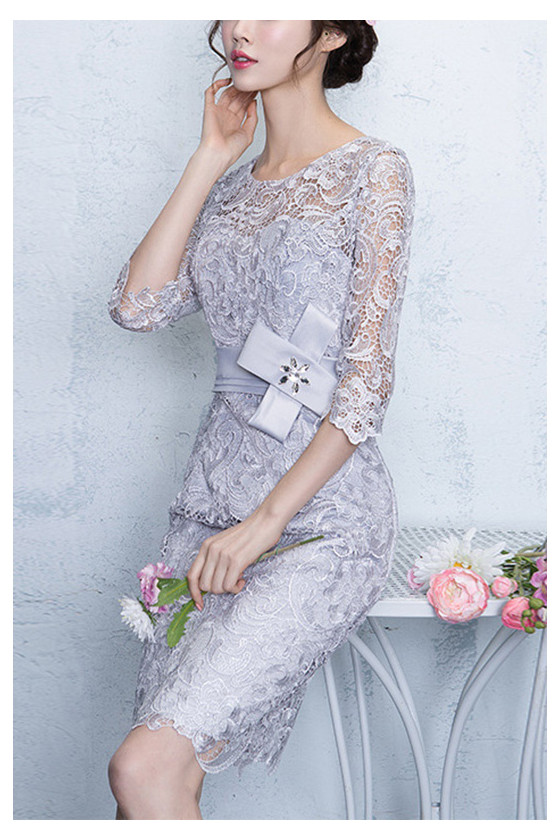 Elegant Grey Lace Sheath Party Dress With Sleeves - $59.4792 #S1604 -  SheProm.com