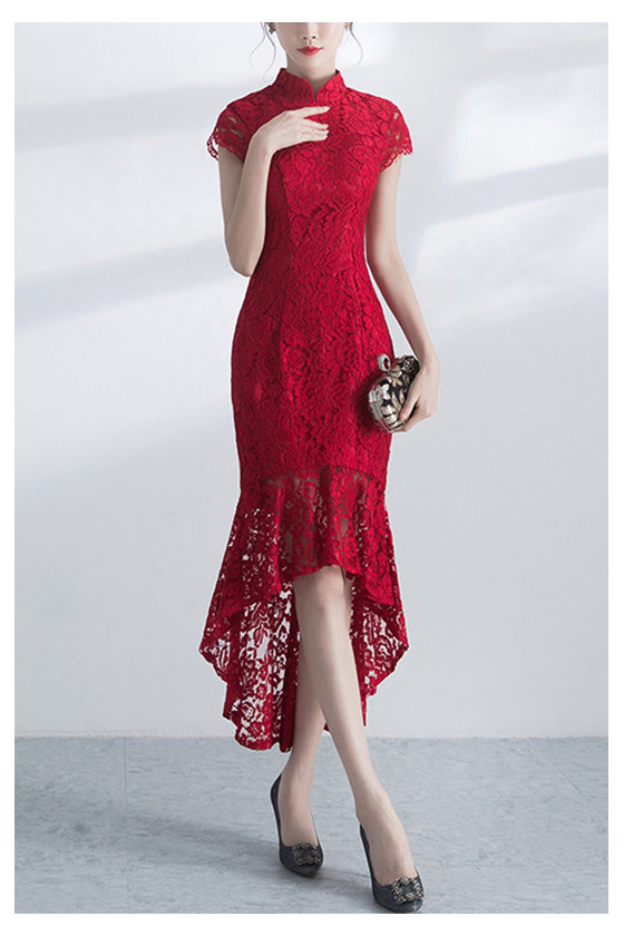 Burgundy Sheath Lace High Low Party Dress With Cap Sleeves