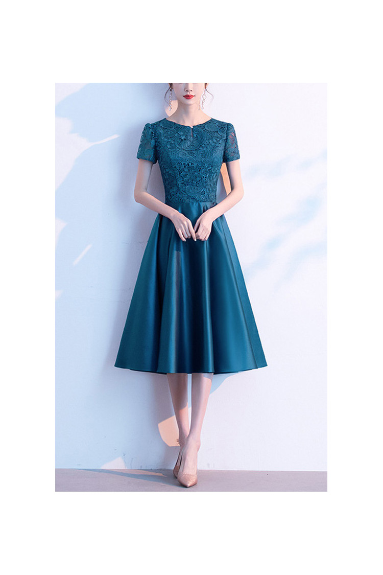 Satin And Lace Tea Length Party Dress With Short Sleeves - $60.48 # ...