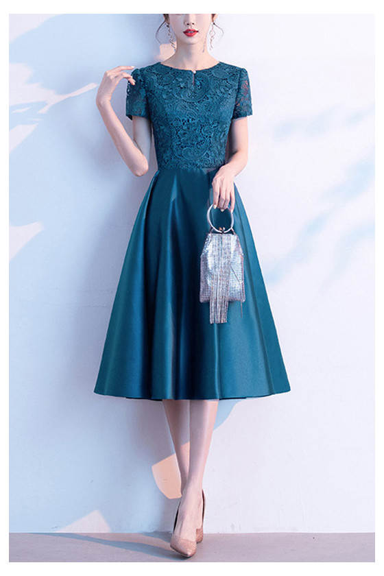 Satin And Lace Tea Length Party Dress With Short Sleeves