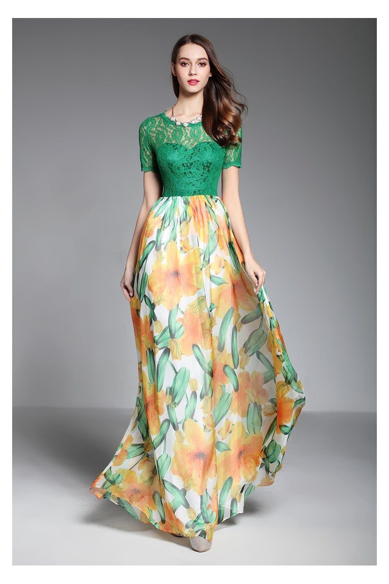 Lace Top Floral Long Party Dress With Sleeves - $64.86 #CK623 - SheProm.com