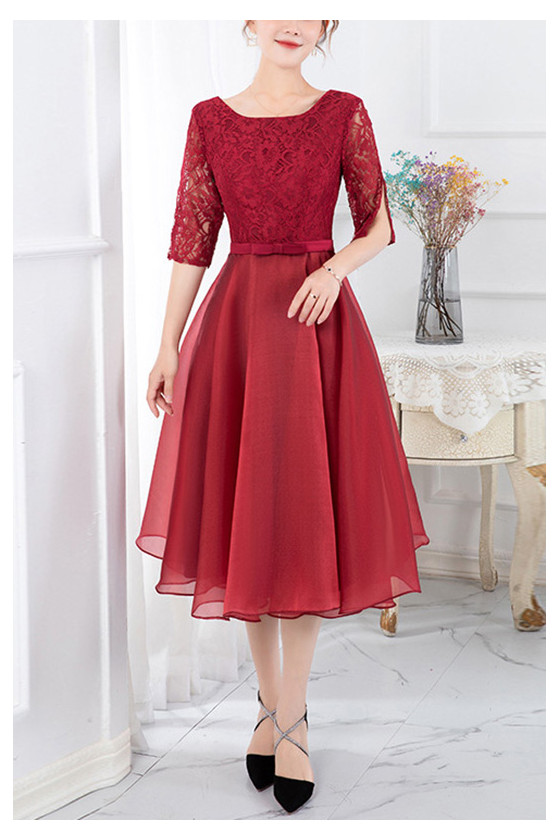 Elegant Tea Length Party Dress With Lace Split Sleeves