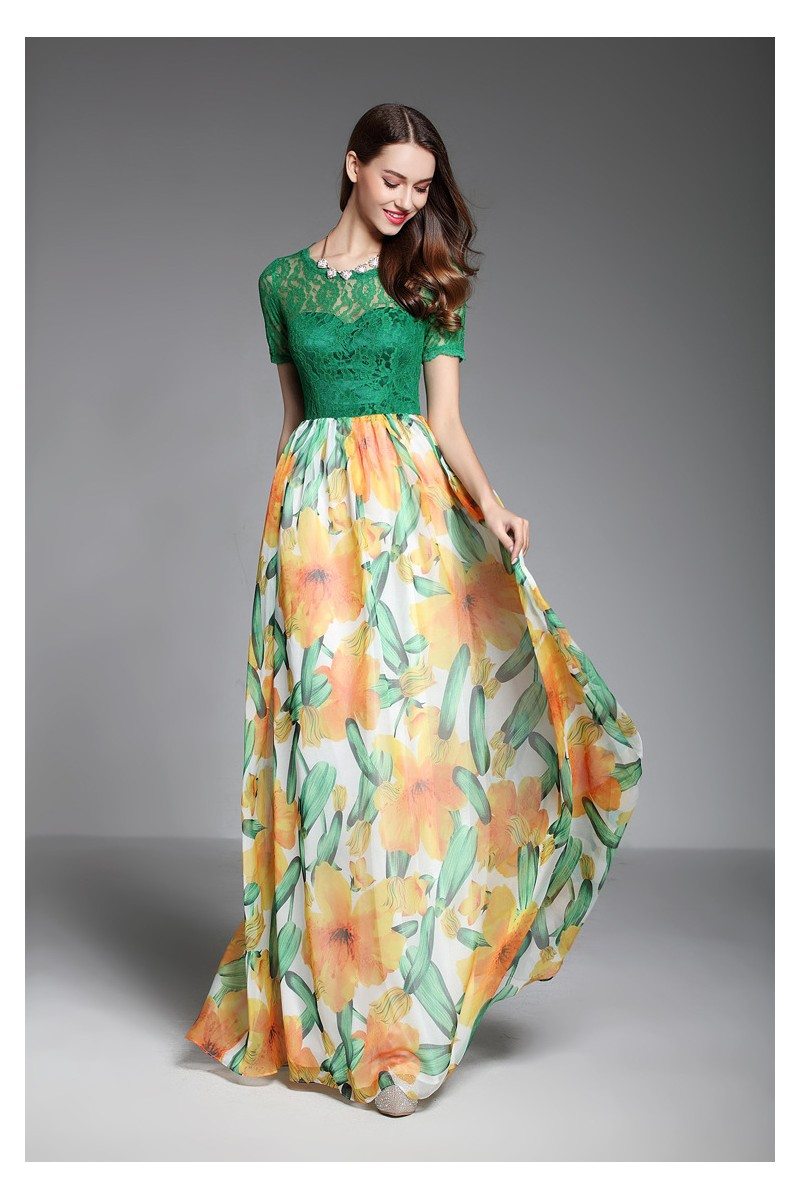 Lace Top Floral Long Party Dress With Sleeves - $64.86 #CK623 - SheProm.com