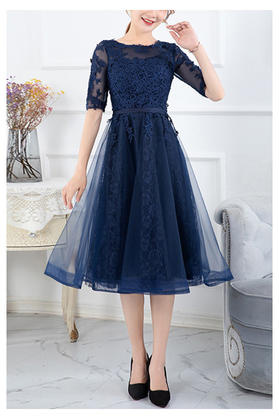 Modest Lace Homecoming Dress Tea Length With Sleeves