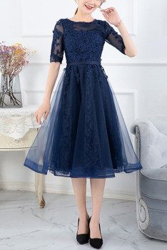 Modest Fitted Lace Tea Length Formal Dress With Hole Bow Back - $127.2895  #S21048 