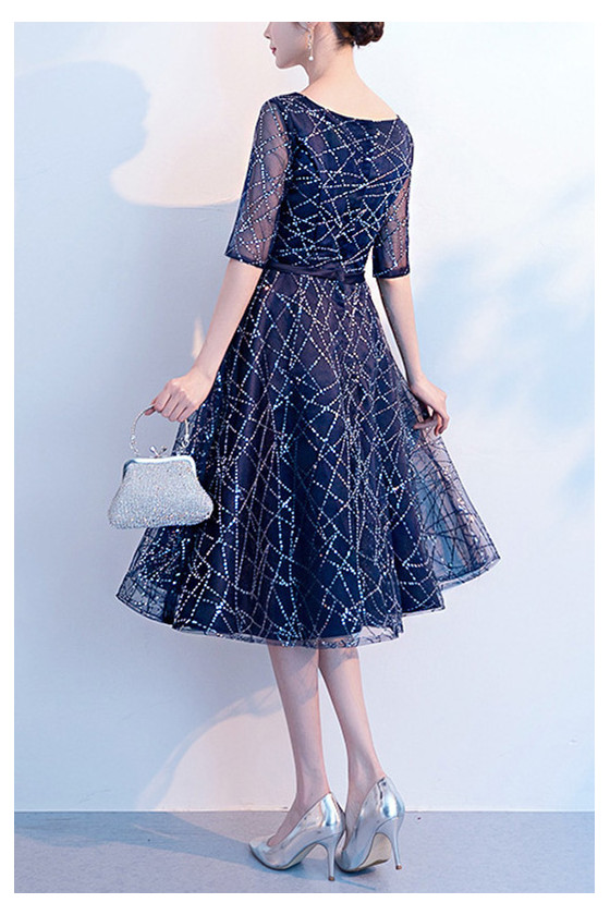 Navy Sparkly Sequins Party Dress Knee Length With Sleeves - $65.4768 #S1615  - SheProm.com