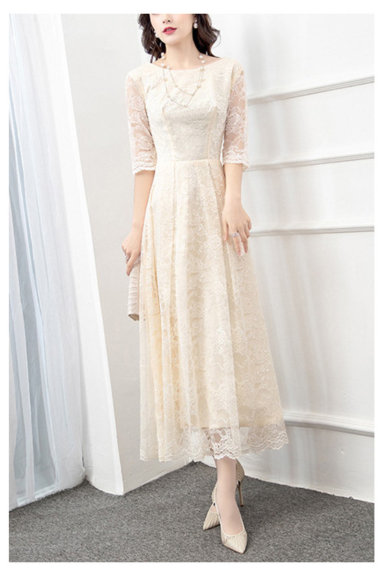 Modest Tea Length Lace Semi Party Dress With Lace Sleeves