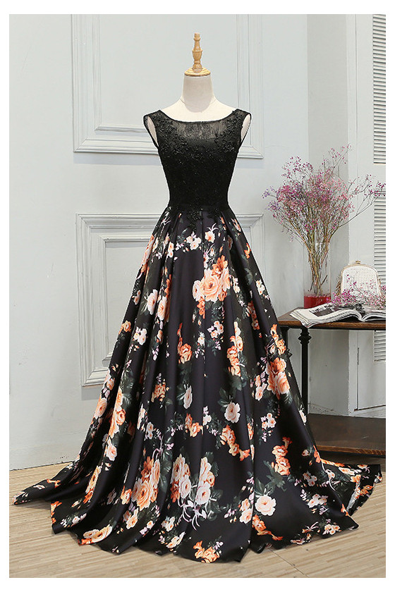 Unique Flowers Floral Printed Long Prom Dress Black Sleeveless
