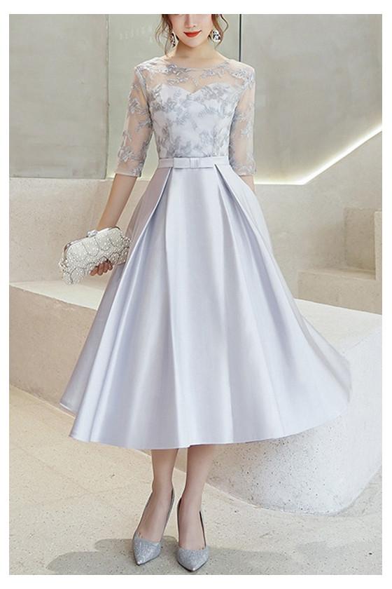 Elegant Midi Homecoming Dress Round Neck With Illusion Lace Sleeves