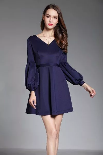 Navy Blue Bubble Sleeve Short Dress - $68 #DK373 - SheProm.com