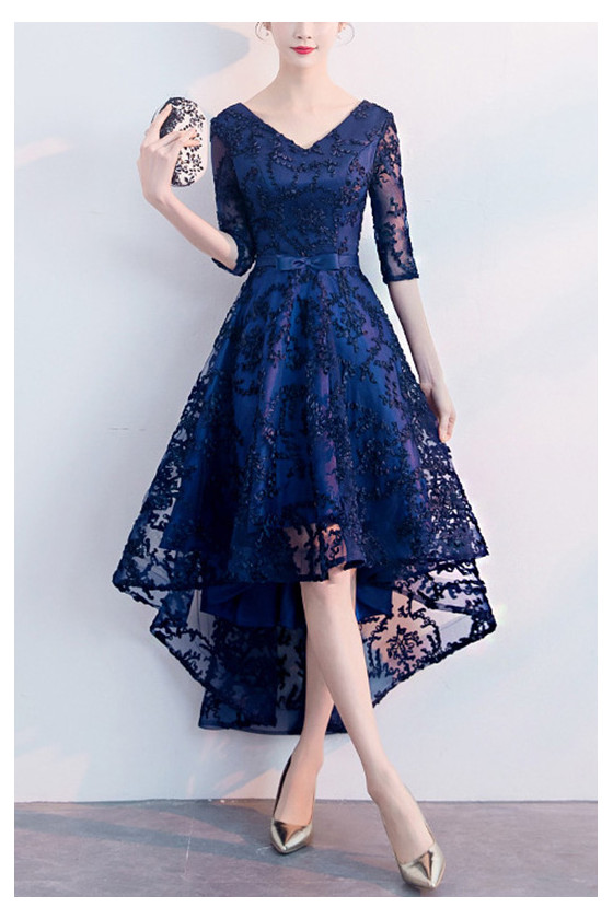 Navy Blue Homecoming Dress Lace High Low With Sleeves
