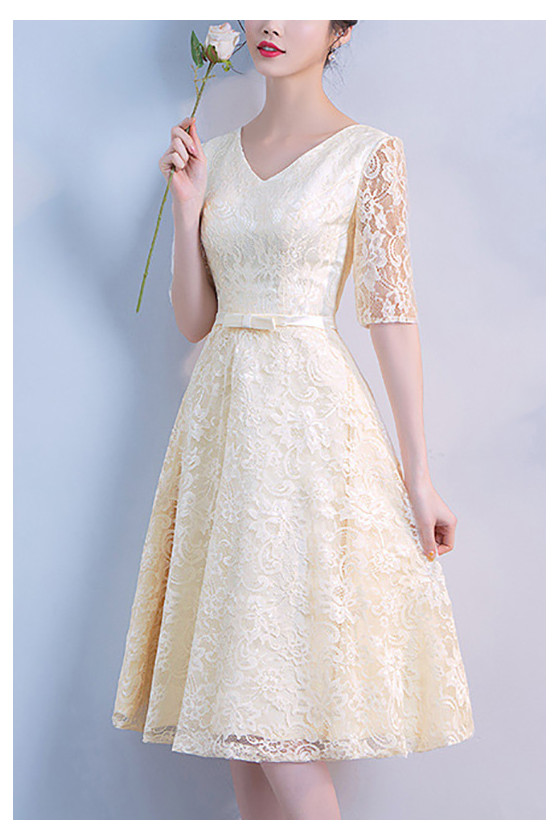 Champagne Lace Knee Length Party Dress Vneck With Sleeves