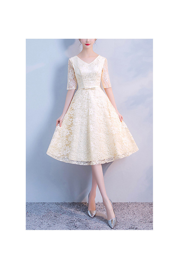 Champagne Lace Knee Length Party Dress Vneck With Sleeves - $62.4816 # ...