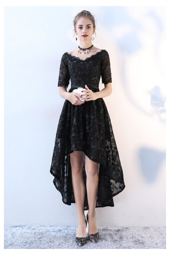 Black Lace High Low Homecoming Dress With Lace Sleeves