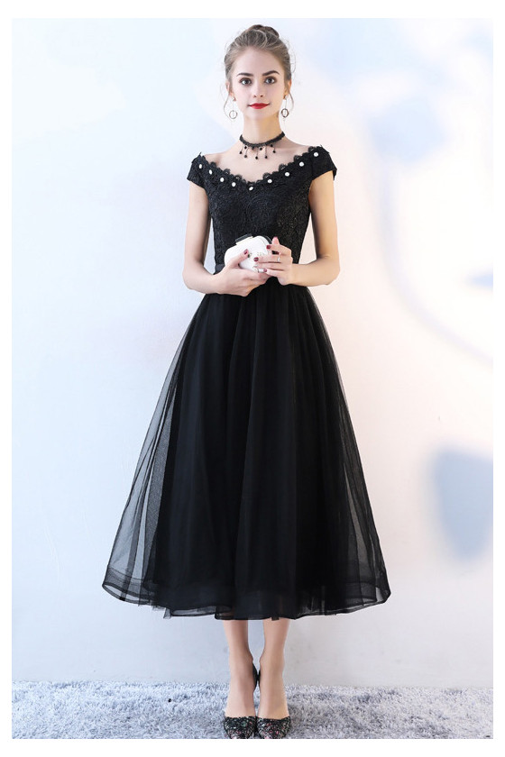 Retro Black Tulle Midi Homecoming Dress Lace With Cap Sleeves