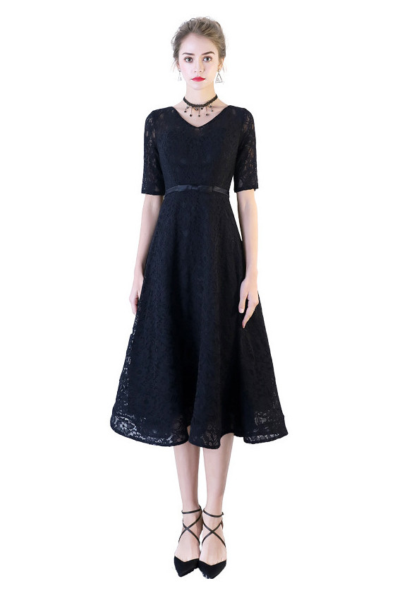 Vintage Black Lace Tea Length Homecoming Dress Vneck With Sleeves