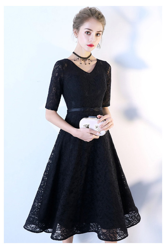 Vintage Black Lace Tea Length Homecoming Dress Vneck With Sleeves - $65 ...