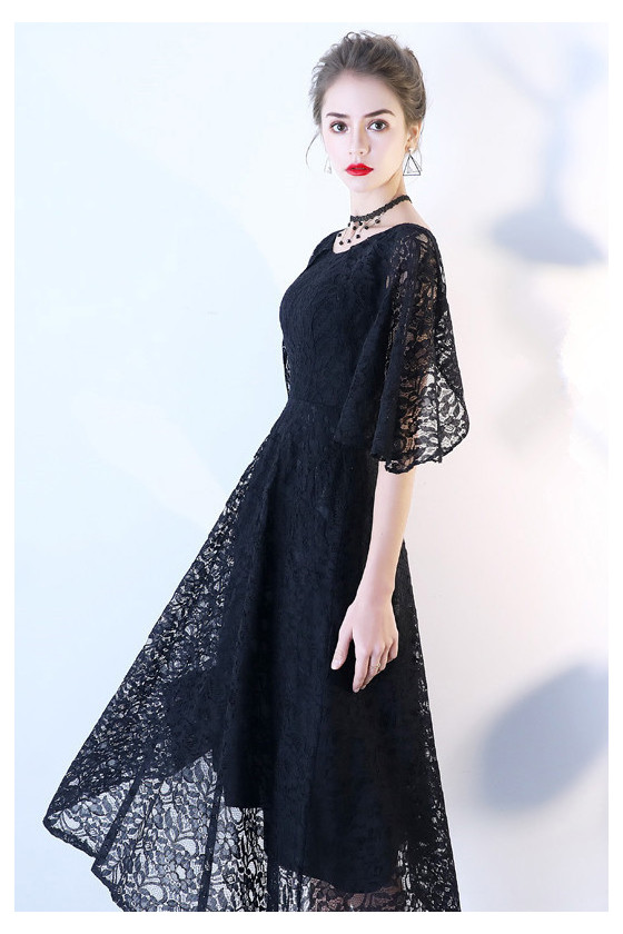 sachin and babi light blue dress Black Lace Filipino Sleeves Tea Length Designer Formal Dress, Two-Tone
