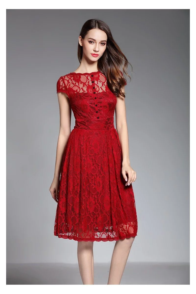 Burgundy Lace Short Dress With V Back - $63 #DK374 - SheProm.com